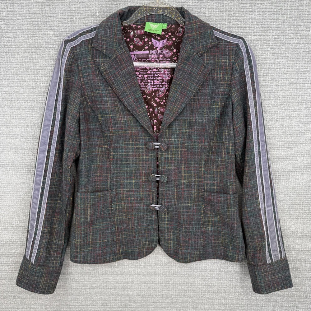 Industry Plaid Blazer Jacket Women M Gray Rainbow Stripe Sleeve Office Preppy